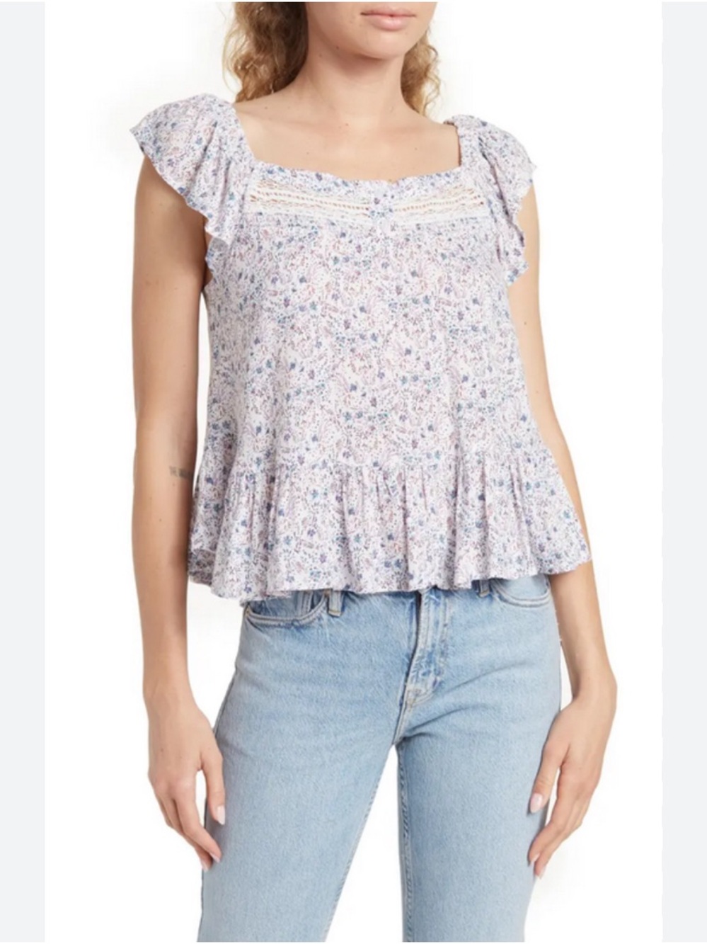 Lucky Brand Floral Boho Peplum Top Size Small Ruffle Sleeve Cottagecore